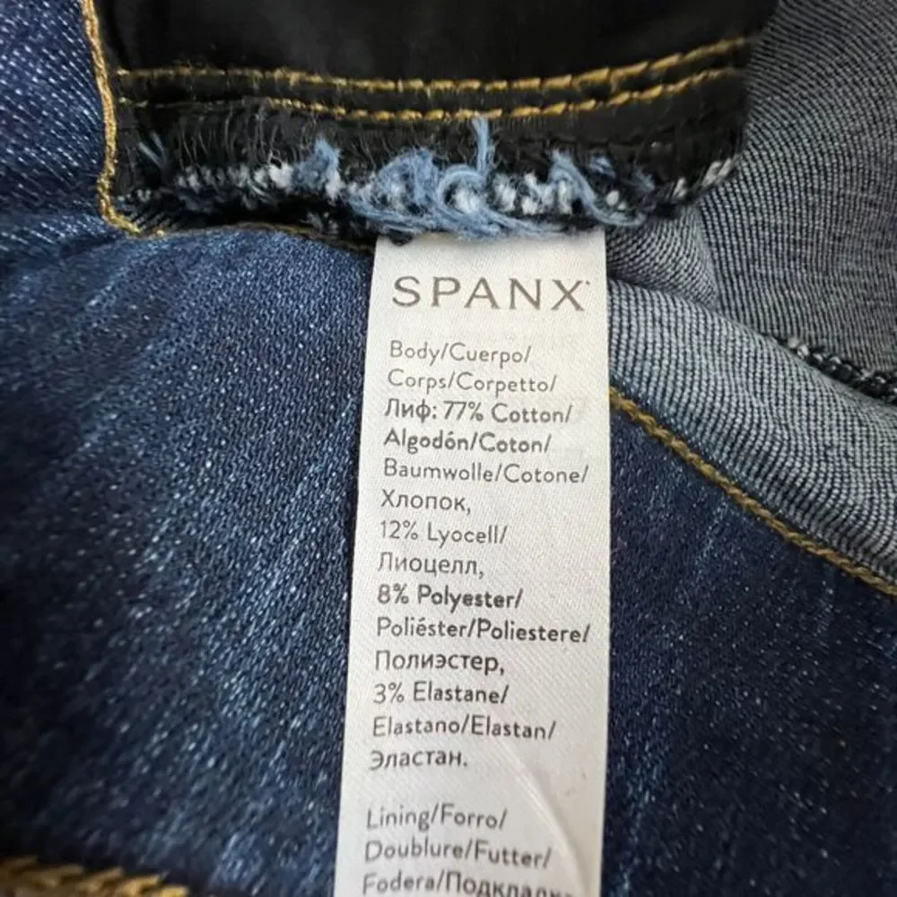 Spanx Womens Dark Wash Mid Rise Elastic Waist Pull on Raw Hem Skinny Jeans Small